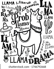 llama, prob llama, no prob llama, animal,pet animal, no drama, llama no drama, Black and white svg