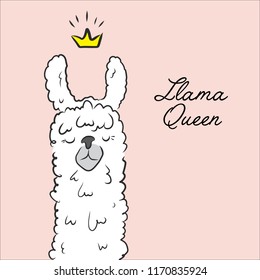 Llama queen drawing. Animal cute cartoon alpaca with crown illustration. Cartoon kids character. Cool slogan text