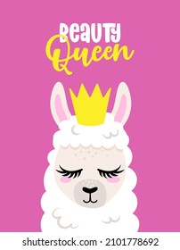 Llama Queen - funny vector quotes and llama drawing. Lettering poster or t-shirt textile graphic design. Amazing llama character illustration on isolated pink background. Happy Valentine's Day.