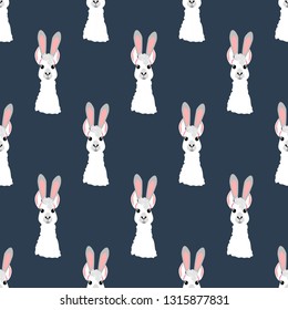 Llama in rabbit ears seamless pattern on a blue background. Vector illustration