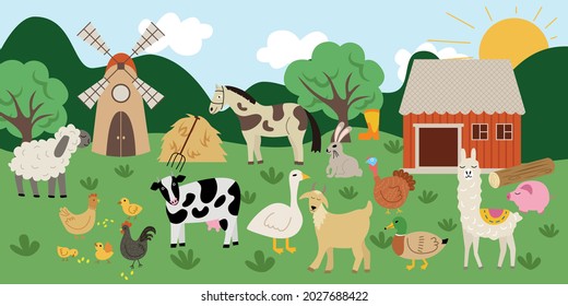 Llama, ram, sheep, cow, pig, horse, goat, duck, hare, rabbit, chicken, chickens, rooster, goose in a village on a farm with a mill, pitchfork, house, haystack, tree