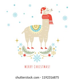 Llama in red scarf and hat ,vector illustration, merry christmas and new year greeting card