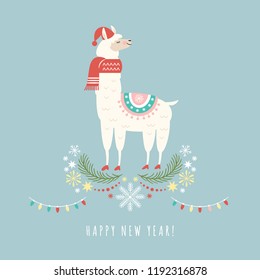 Llama in red scarf and hat ,vector illustration, merry christmas and new year greeting card