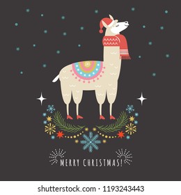 Llama in red scarf and hat ,vector illustration, merry christmas and new year greeting card