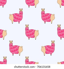 Llama in red sweater with ornament. Seamless pattern
