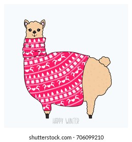 Llama in red sweater with ornament. Winter card