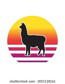 Llama Retro Sunset Design template. Vector design template for logo, badges, t-shirt, POD and book cover. Isolated white background.