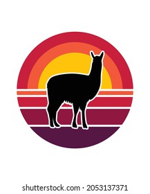 Llama Retro Sunset Design template. Vector design template for logo, badges, t-shirt, POD and book cover. Isolated white background.