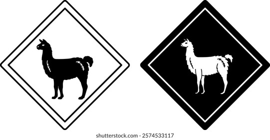 Llama Road Signs. Black and White Vector Icons. Alpaca. Road Sign Warning Animals Crossing Road. Zoo Sticker