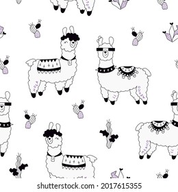 Llama rock star among cacti, seamless vector pattern on a white background.