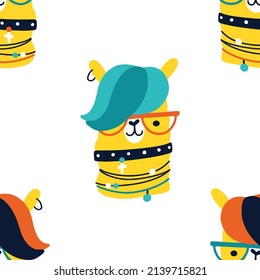 Llama rock star animal seamless pattern. Hand drawn colorful doodle cartoon character in rock accessories. Ideal for baby clothes, textiles, wallpaper, wrapping paper