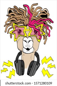 Llama rock star with a funny hairstyle and glasses in the shape of stars. Music plays from the headphones. Isolate on a white background. Greeting card, poster, t-shirt composition, hand drawn print