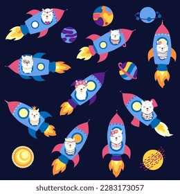 Llama in a rocket, in space set of animals characters. Lama travels, adventures among the stars