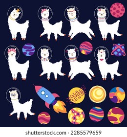 Llama en un cohete, en un conjunto espacial de caracteres animales. Lama viaja, aventuras entre las estrellas