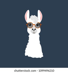 Llama in round glasses on the blue background. Vector illustration