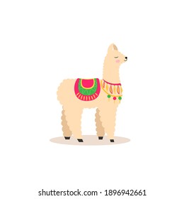 a llama with a saddle. Alpaca with a soft soft coat. Cute illustration on white background isolated. Icon Symbol. hand drow style.