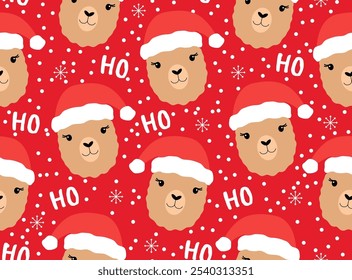 Llama in Santa Claus hat on red background. Christmas seamless vector pattern.