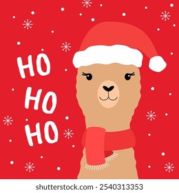 Llama in Santa Claus hat on red background. Snowflakes and winter fun, vector illustration.