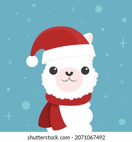Llama in santa hat and red scarf. Cute funny cartoon alpaca vector illustration. Flat style