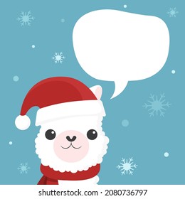 Llama in santa hat and red scarf. Cute funny cartoon alpaca with bubble speech vector illustration