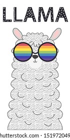 Llama in the Scandinavian style, fashionable, cool, in rainbow glasses. LGBT freedom concept.