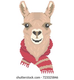 Llama With Scarf Vector Pixel Art Knitted Look Christmas Sweater Design