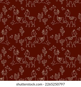 Llama seamless pattern. Animals and cacti on brown background. Line art backdrop with Latin American Mexican symbols. Alpaca, cactus. Cartoon linear modern hand-drawn vector illustration.