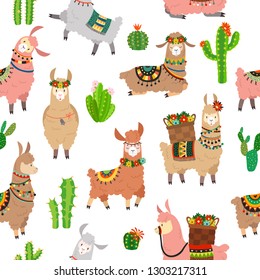 Llama seamless pattern. Baby llamas cute alpaca and cacti wild lama. Peru camel, girl wallpaper vector animal fabric texture