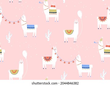 Llama seamless pattern. Birthday party with cartoon alpacas, baloons and gifts. Vector kids pink background.