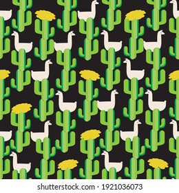 Llama seamless pattern with cactus. Flat vector stock illustration. Texture repeat cactu, wild animal. Background, backdrop, seamless wallpaper for printing on fabric, textiles. Llama illustration