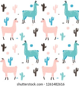 Llama Seamless pattern with cactus. hand drawn alpaca and lama cute childish background. Girly fabric, cartoon textile Vector Illustration