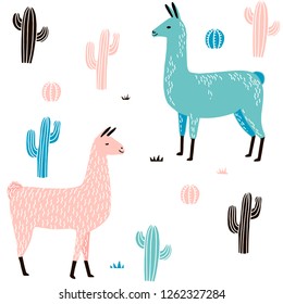 Llama Seamless pattern with cactus. hand drawn alpaca and lama cute childish background. Girly fabric, cartoon textile Vector Illustration