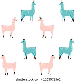 Llama Seamless pattern with cactus. hand drawn alpaca and lama cute childish background. Girly fabric, cartoon textile Vector Illustration