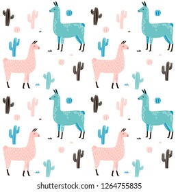 Llama Seamless pattern with cactus. hand drawn alpaca and lama cute childish background. Girly fabric, cartoon textile Vector Illustration