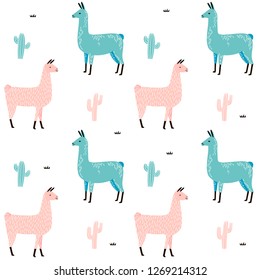 Llama Seamless pattern with cactus. hand drawn alpaca and lama cute childish background. Girly fabric, cartoon textile Vector Illustration