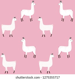 Llama Seamless pattern with cactus. hand drawn alpaca and lama cute childish background. Girly fabric, cartoon textile Vector Illustration