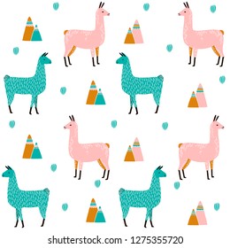Llama Seamless pattern with cactus. hand drawn alpaca and lama cute childish background. Girly fabric, cartoon textile Vector Illustration