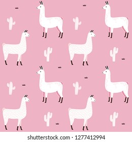 Llama Seamless pattern with cactus. hand drawn alpaca and lama cute childish background. Girly fabric, cartoon textile Vector Illustration