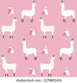 Llama Seamless pattern with cactus. hand drawn alpaca and lama cute childish background. Girly fabric, cartoon textile Vector Illustration
