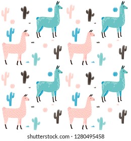 Llama Seamless pattern with cactus. hand drawn alpaca and lama cute childish background. Girly fabric, cartoon textile Vector Illustration