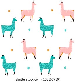 Llama Seamless pattern with cactus. hand drawn alpaca and lama cute childish background. Girly fabric, cartoon textile Vector Illustration