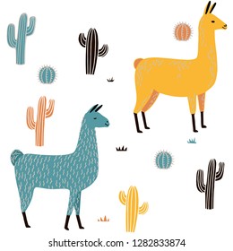 Llama Seamless pattern with cactus. hand drawn alpaca and lama cute childish background. Girly fabric, cartoon textile Vector Illustration