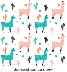 Llama Seamless pattern with cactus. hand drawn alpaca and lama cute childish background. Girly fabric, cartoon textile Vector Illustration