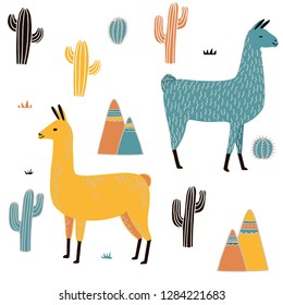 Llama Seamless pattern with cactus. hand drawn alpaca and lama cute childish background. Girly fabric, cartoon textile Vector Illustration