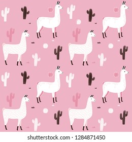 Llama Seamless pattern with cactus. hand drawn alpaca and lama cute childish background. Girly fabric, cartoon textile Vector Illustration