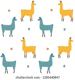 Llama Seamless pattern with cactus. hand drawn alpaca and lama cute childish background. Girly fabric, cartoon textile Vector Illustration