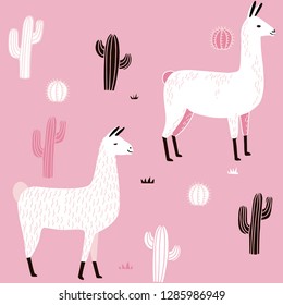Llama Seamless pattern with cactus. hand drawn alpaca and lama cute childish background. Girly fabric, cartoon textile Vector Illustration