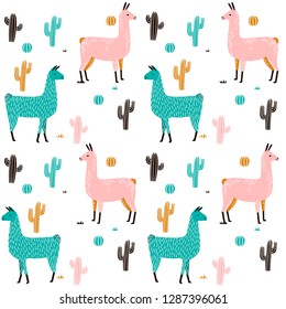 Llama Seamless pattern with cactus. hand drawn alpaca and lama cute childish background. Girly fabric, cartoon textile Vector Illustration