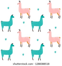 Llama Seamless pattern with cactus. hand drawn alpaca and lama cute childish background. Girly fabric, cartoon textile Vector Illustration