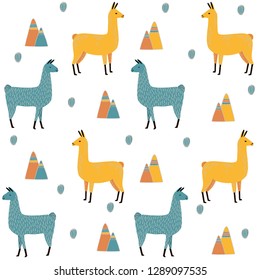 Llama Seamless pattern with cactus. hand drawn alpaca and lama cute childish background. Girly fabric, cartoon textile Vector Illustration